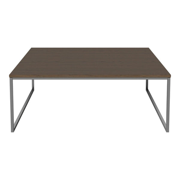 Rectangular coffee table with a dark brown wood surface and sleek silver metal legs. Simple, modern design.