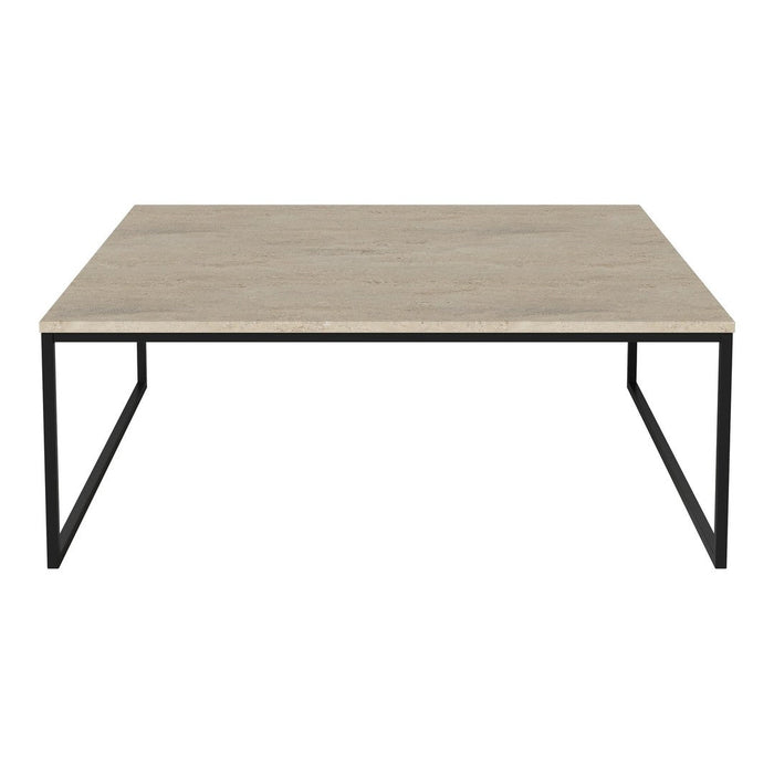 Light beige tabletop with a smooth finish, paired with a sleek black metal frame. Modern minimalist design.