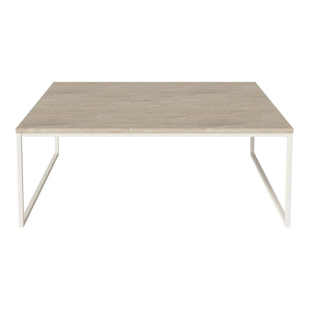 Modern square coffee table with a light gray wood top and sleek white metal legs. Minimalist design.