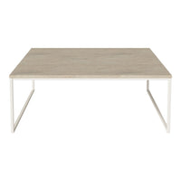 Modern square coffee table with a light gray wood top and sleek white metal legs. Minimalist design.