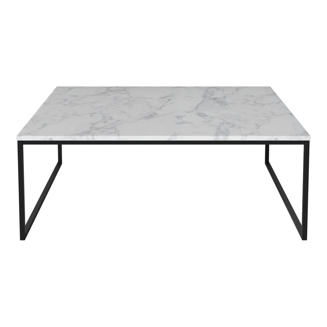 White marble tabletop with gray veining, framed in sleek black metal legs. Modern, minimalist design.