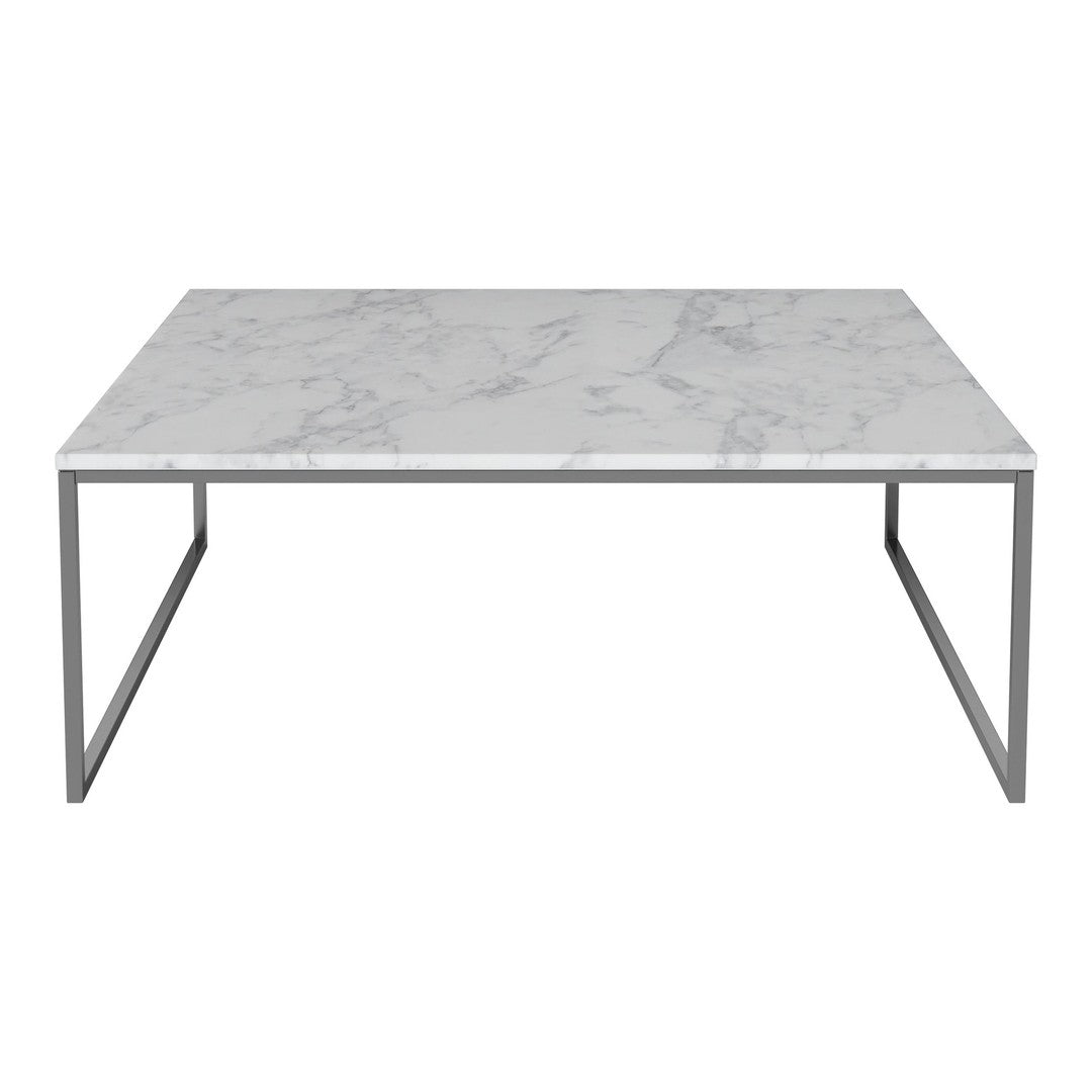 White marble coffee table with grey veining and a sleek silver metal frame. Modern design for stylish interiors.