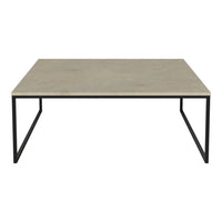 Modern coffee table with a sleek gray concrete top and minimalist black metal frame.