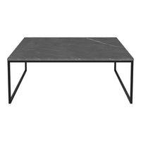 Black marble coffee table with subtle white veining and a sleek black metal frame.
