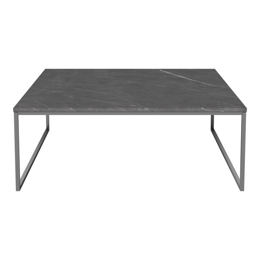 Gray marble tabletop with subtle white veining, supported by a sleek metal frame. Modern and elegant design.