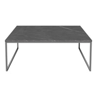 Gray marble tabletop with subtle white veining, supported by a sleek metal frame. Modern and elegant design.