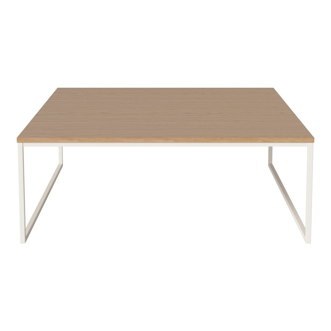 Wooden tabletop with a smooth finish, light beige color and minimalist white metal legs. Stylish and modern design.