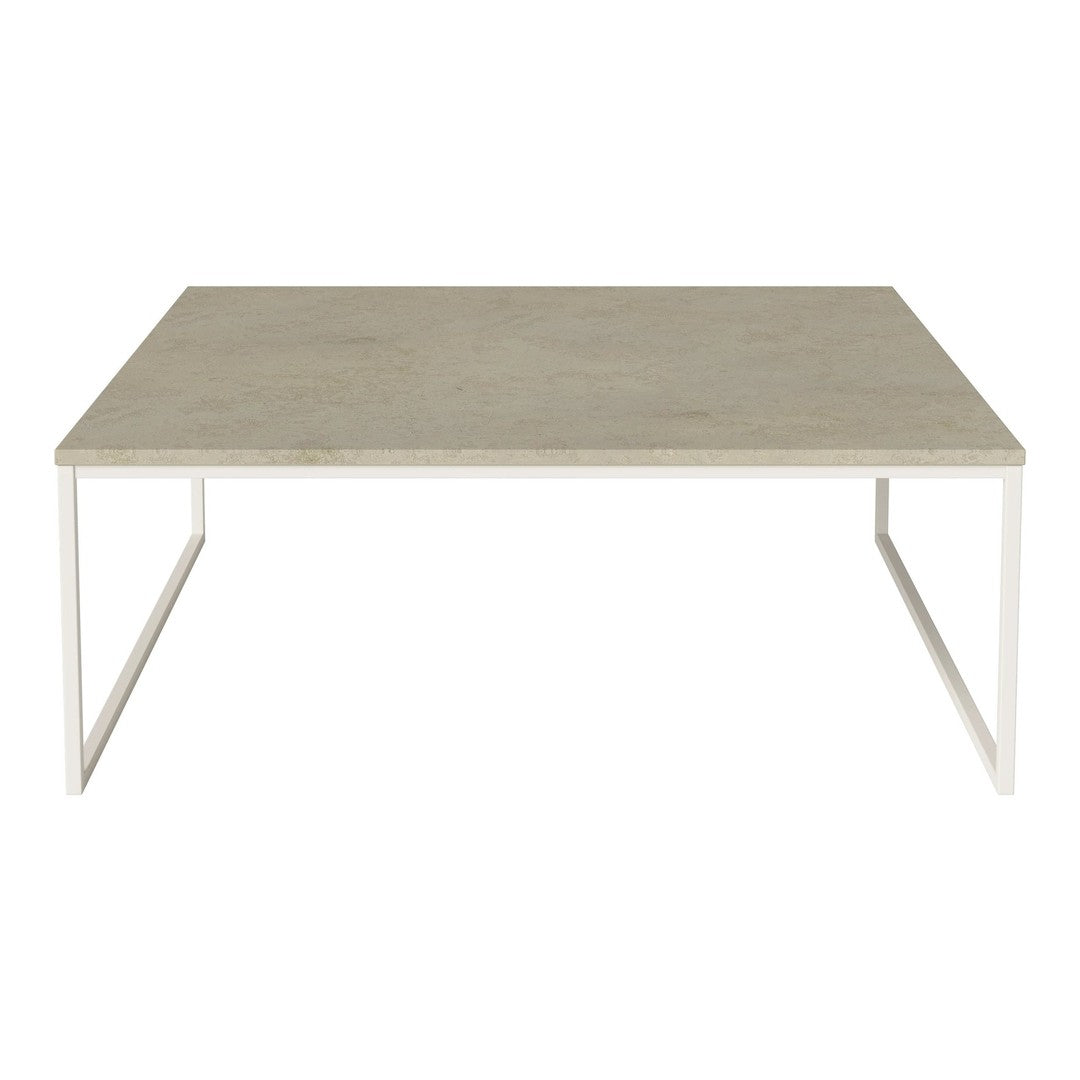 Rectangular coffee table with a smooth gray surface and minimalist white metal legs. Ideal for modern decor.