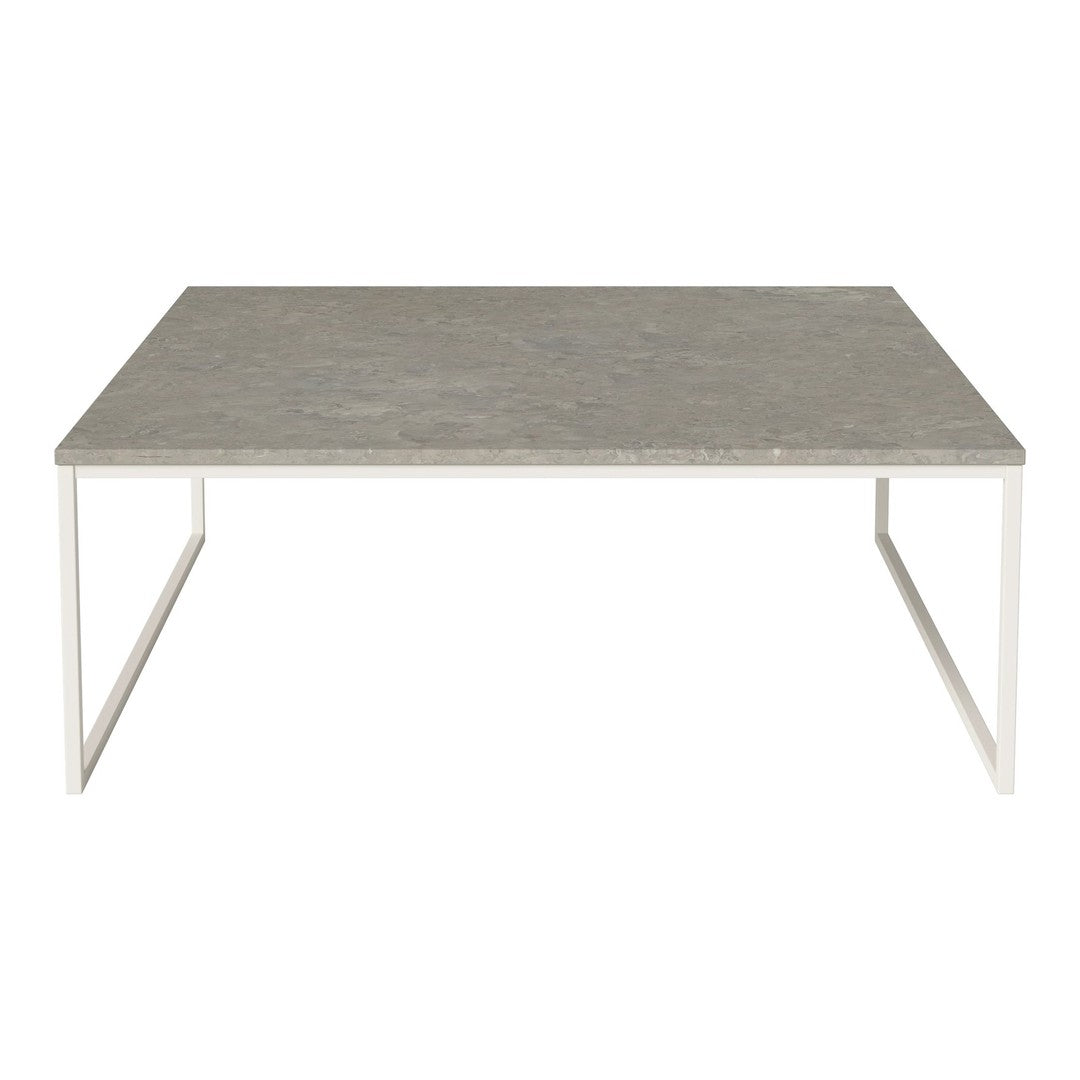Gray marble tabletop with a sleek white metal frame, modern design, minimal patterns, perfect for contemporary spaces.