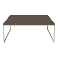 Dark brown wooden table with a sleek silver metal frame, featuring a modern, minimalist design.