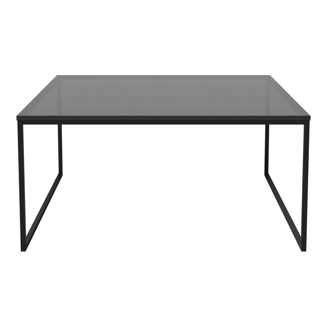 Sleek black metal frame with a modern gray glass top, perfect for contemporary decor.