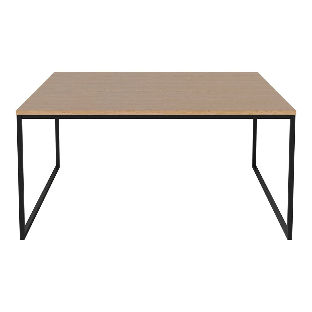 Brown wooden tabletop with a smooth finish, supported by a sleek black metal frame.