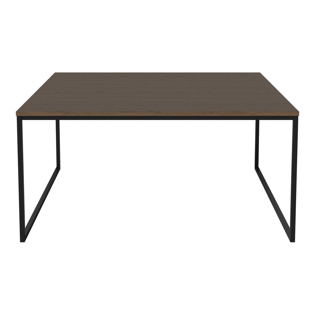 Brown wood tabletop with a sleek black metal frame, featuring a modern and minimalist design. Perfect for any decor.
