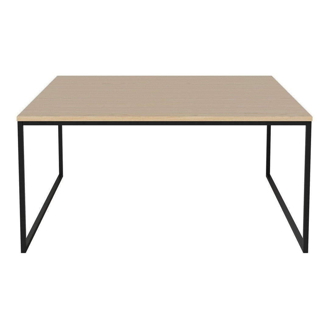 Wooden top table in light beige with minimalist black metal legs, showcasing a sleek, modern design.