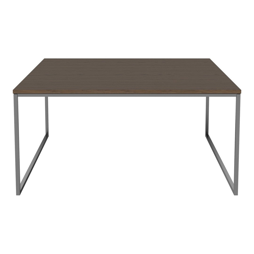 Brown wooden tabletop with a smooth finish, paired with a sleek silver metal frame. Modern and minimalist design.