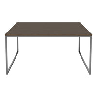 Brown wooden tabletop with a smooth finish, paired with a sleek silver metal frame. Modern and minimalist design.