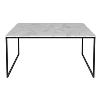 Marble tabletop with gray veining, set on a sleek black metal frame. Modern and elegant design for any space.
