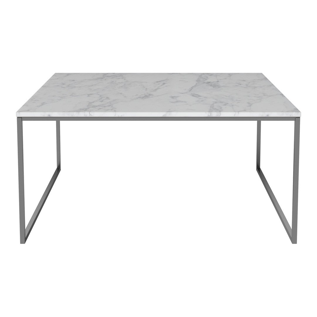 White marble table top with gray veining and sleek silver metal legs. Modern and elegant design.