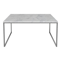 White marble table top with gray veining and sleek silver metal legs. Modern and elegant design.