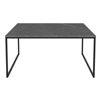 Black marble tabletop with subtle grey veining and sleek black metal legs, perfect for modern decor.