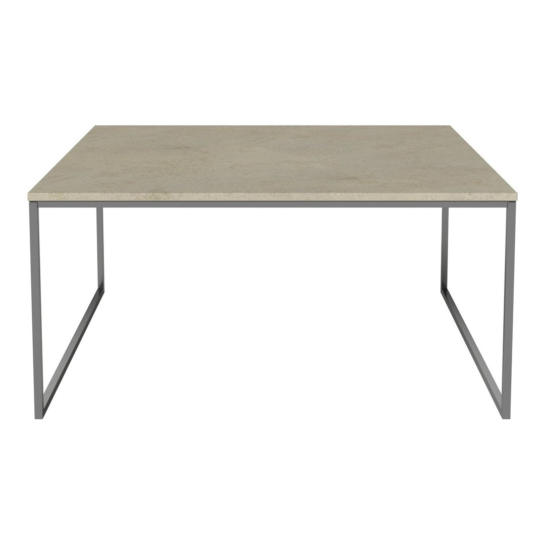 Gray concrete tabletop with a sleek silver metal frame, featuring a minimalist, modern design.