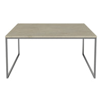 Gray concrete tabletop with a sleek silver metal frame, featuring a minimalist, modern design.