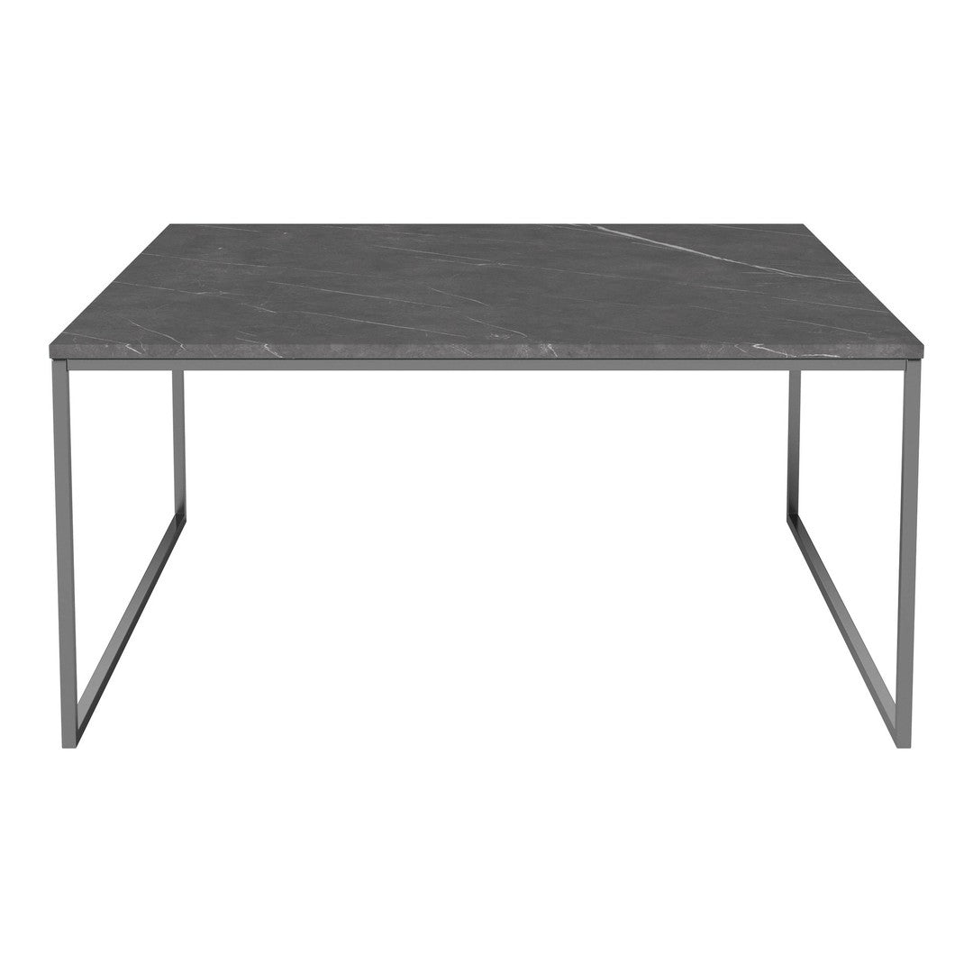 Gray marble tabletop with sleek metallic frame, featuring subtle white veining and a minimalist design.