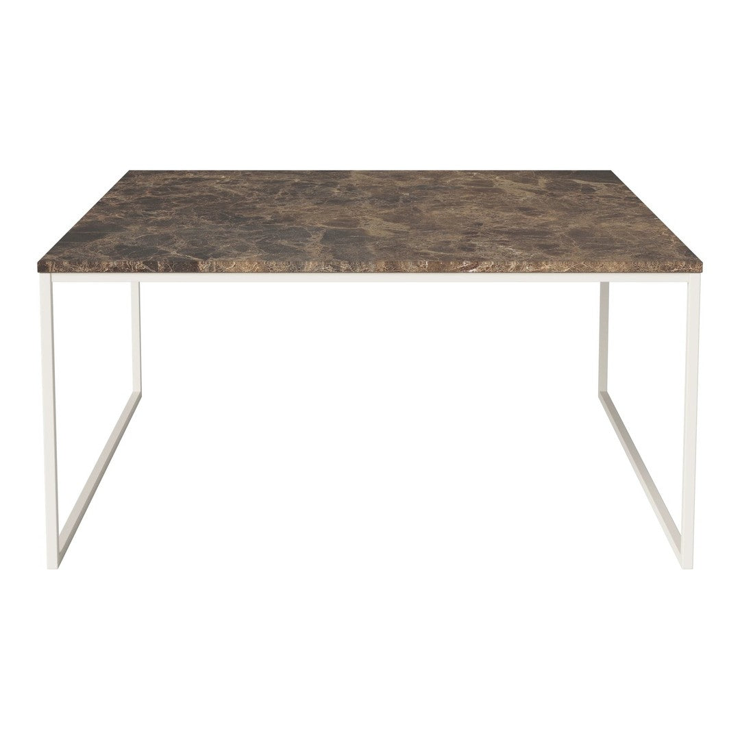 Stylish brown marble top dining table with a minimalist white metal frame. Modern design for any decor.