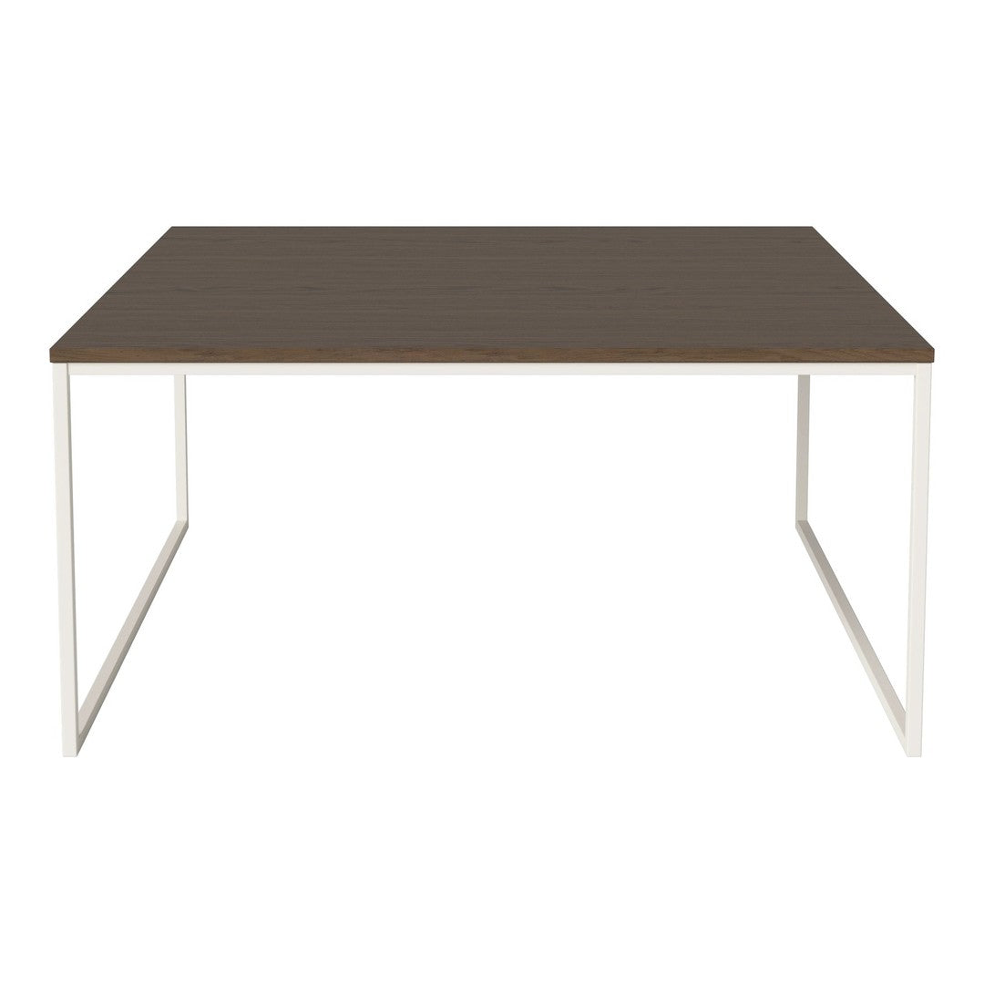 Brown wooden tabletop with a smooth finish, supported by a sleek white metal frame. Minimalistic design.