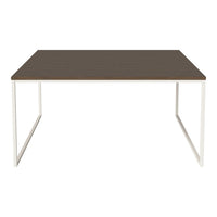 Brown wooden tabletop with a smooth finish, supported by a sleek white metal frame. Minimalistic design.