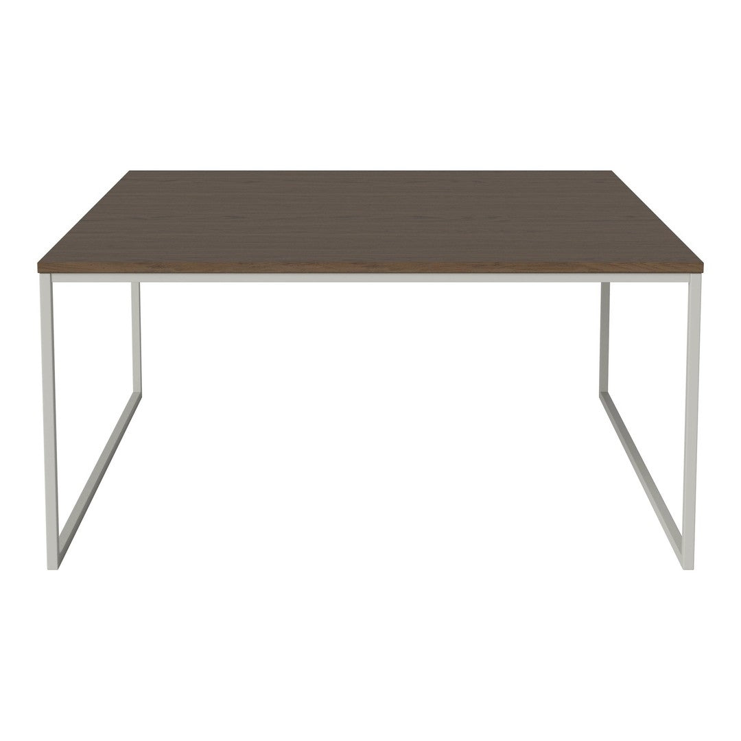 Brown wooden tabletop with a sleek silver metal frame, perfect for modern minimalist decor.