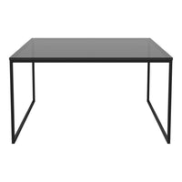 Modern black metal table with sleek glass top, featuring a minimalist design and smooth, reflective surface.