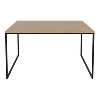 Modern square table with a light wood top and a sleek black metal frame. Ideal for contemporary spaces.