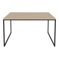 Minimalist square table with a light beige top and sleek black metal legs. Ideal for modern decor.