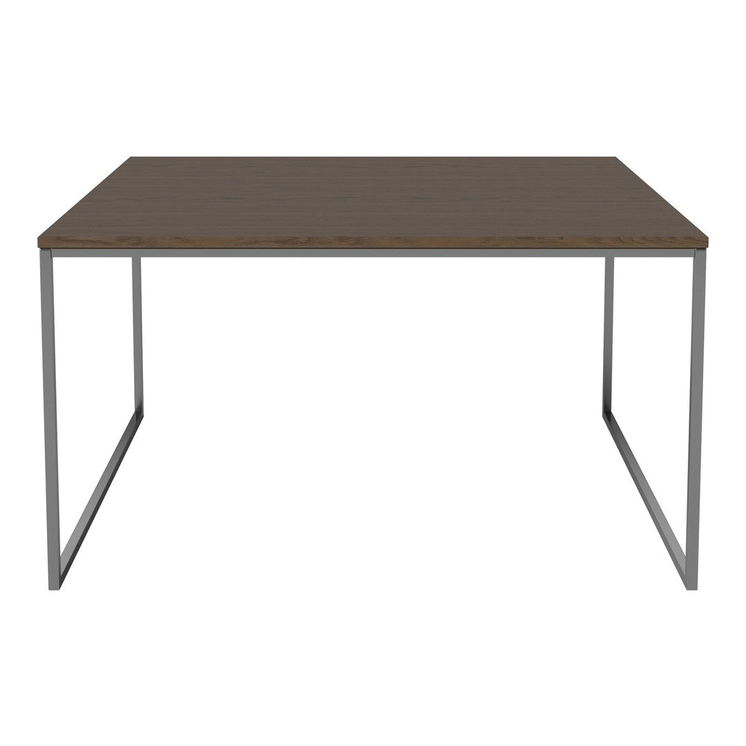 Brown rectangular table with a smooth wood finish and sleek silver metal legs. Ideal for modern interiors.