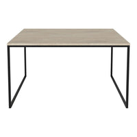 Light gray tabletop with a smooth finish, complemented by a sleek black metal frame. Minimalist design.