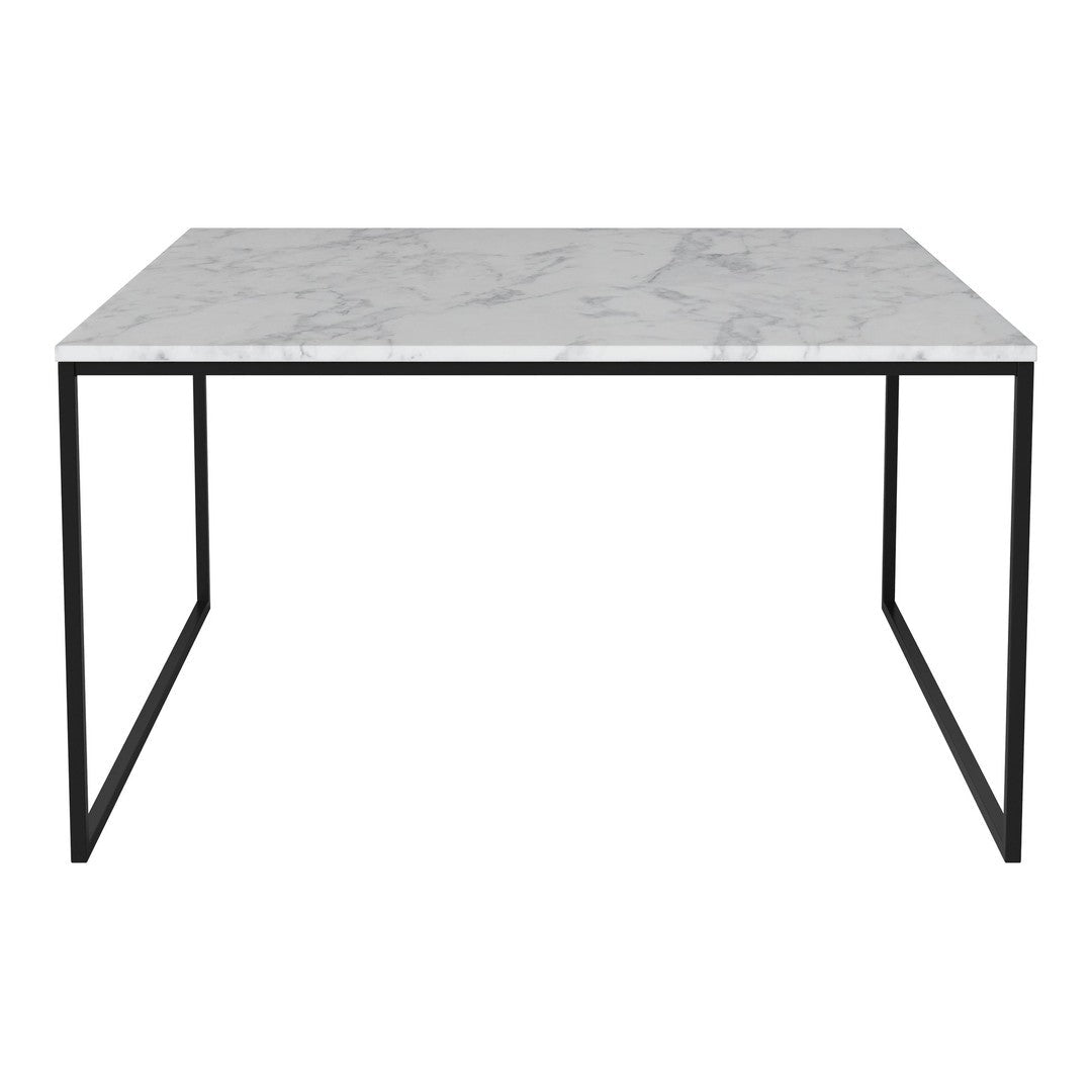 Modern marble tabletop with grey veining on a sleek black metal frame. Contemporary design for any space.