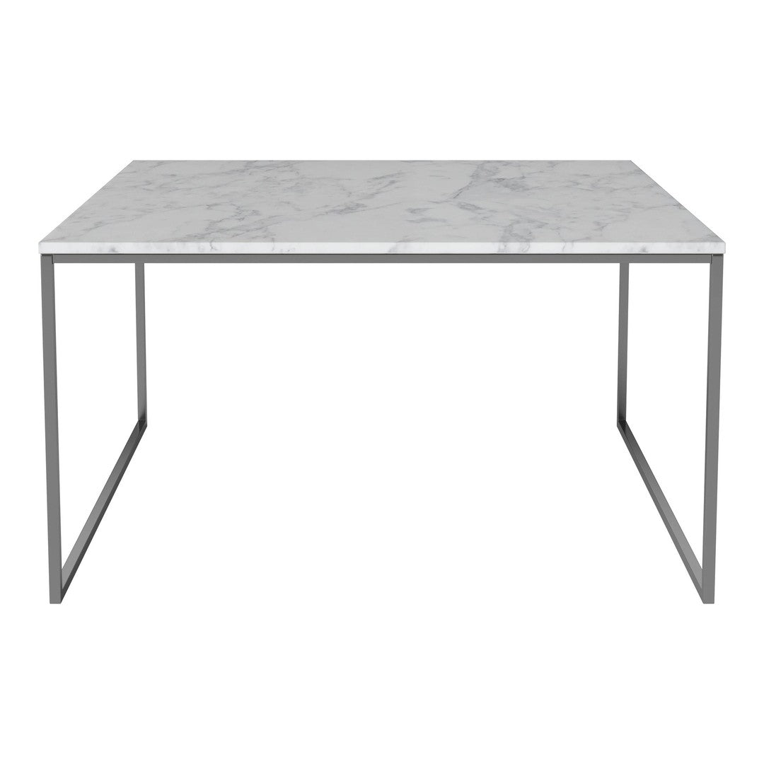 White marble tabletop with gray veining, supported by a sleek silver metal frame. Modern, minimalist design.