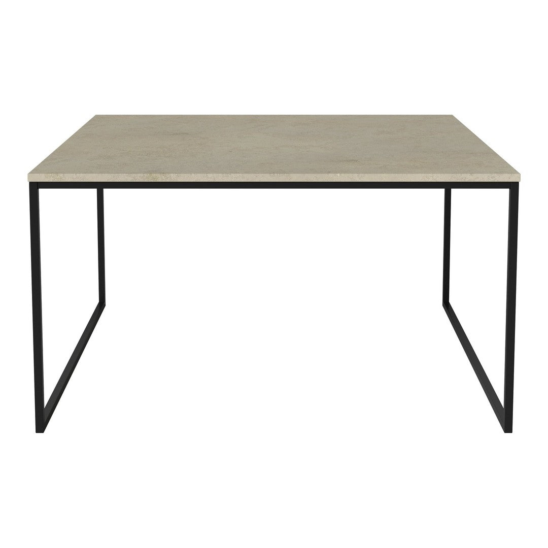 Gray concrete tabletop with a smooth finish and black metal frame, featuring a minimalist design.