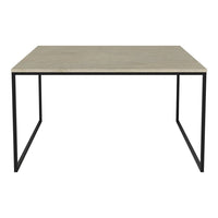 Gray concrete tabletop with a smooth finish and black metal frame, featuring a minimalist design.
