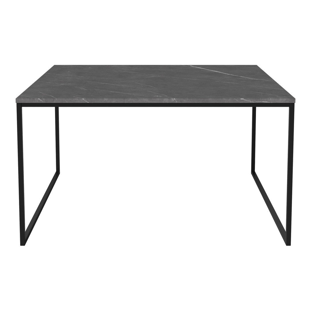 Black marble table with subtle white veining, featuring a sleek black metal frame. Perfect for modern décor.