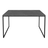 Black marble table with subtle white veining, featuring a sleek black metal frame. Perfect for modern décor.