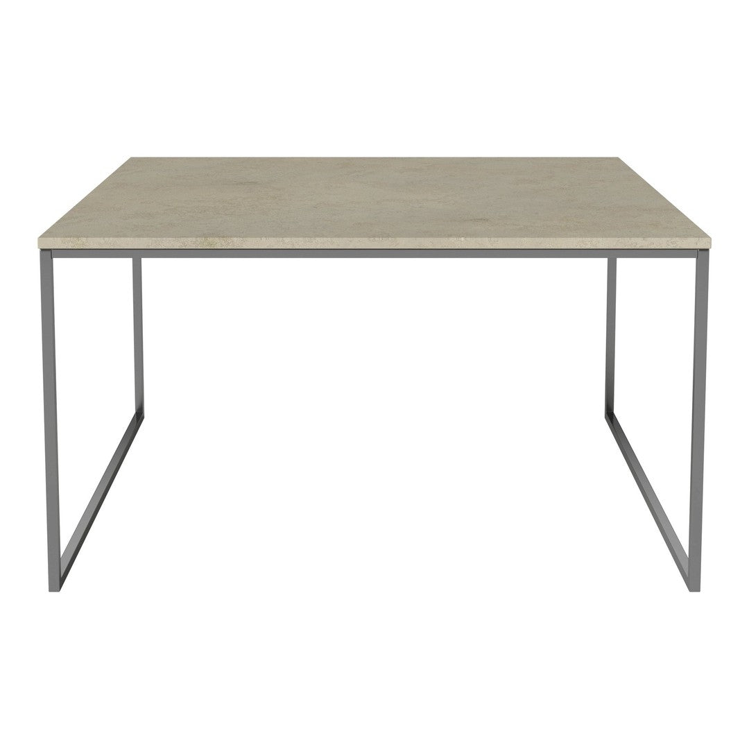Gray top with a subtle marble pattern, supported by a sleek silver metal frame. Modern and minimalist design.