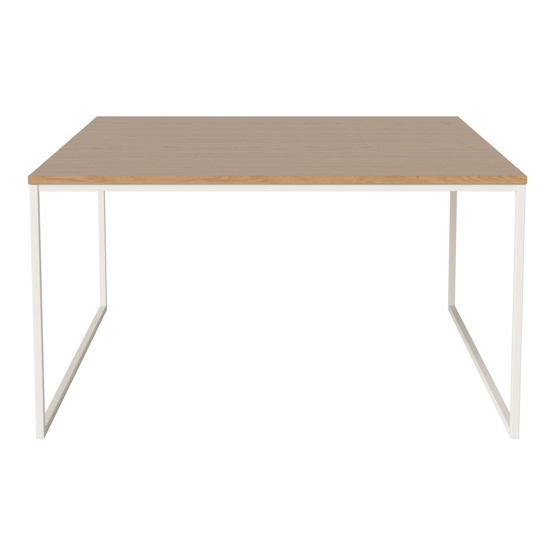Light oak wood tabletop with a smooth surface, complemented by a sleek white metal frame. Minimalist design.