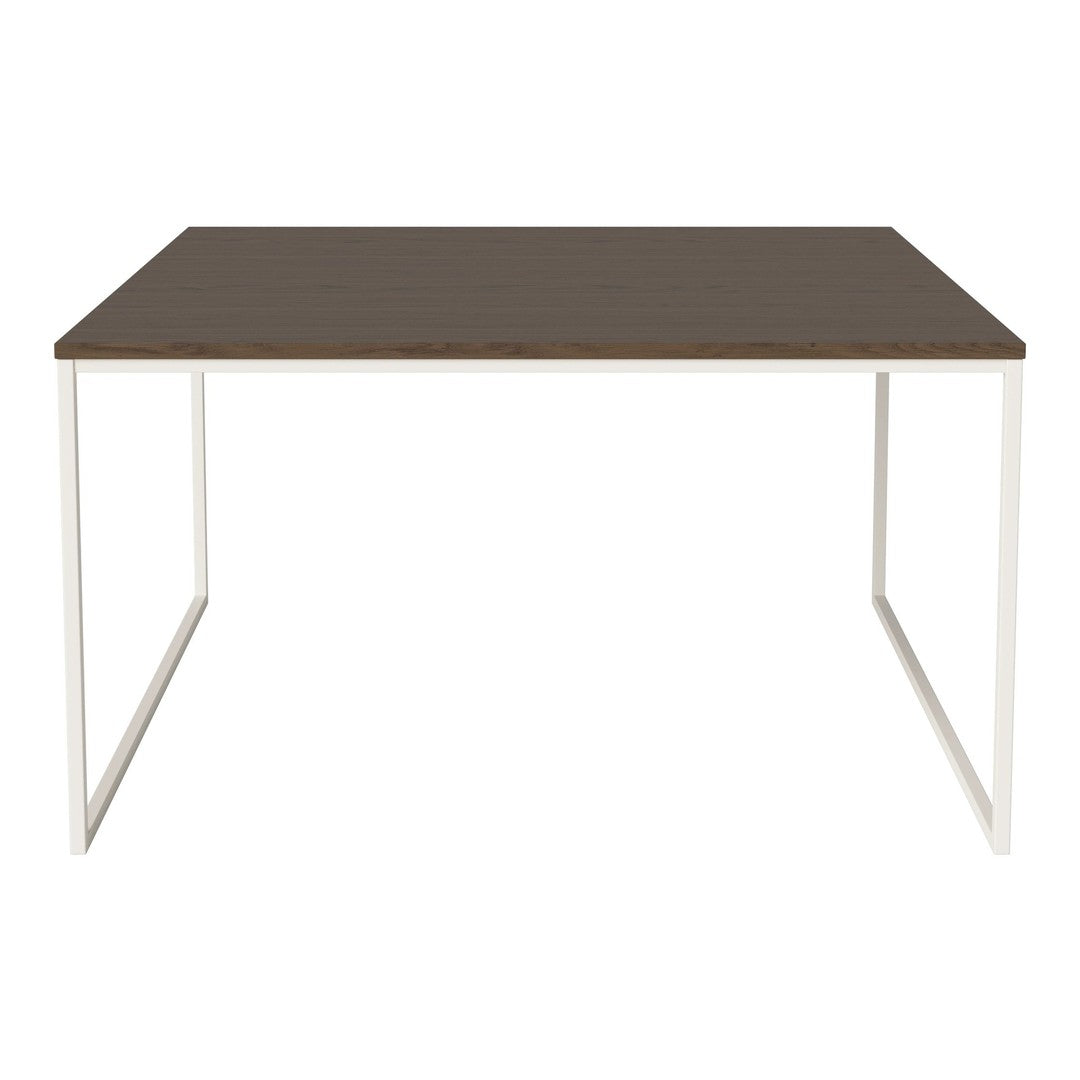 Modern rectangular table with a dark brown top and white metal legs, showcasing a minimalist design.