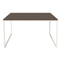 Modern rectangular table with a dark brown top and white metal legs, showcasing a minimalist design.