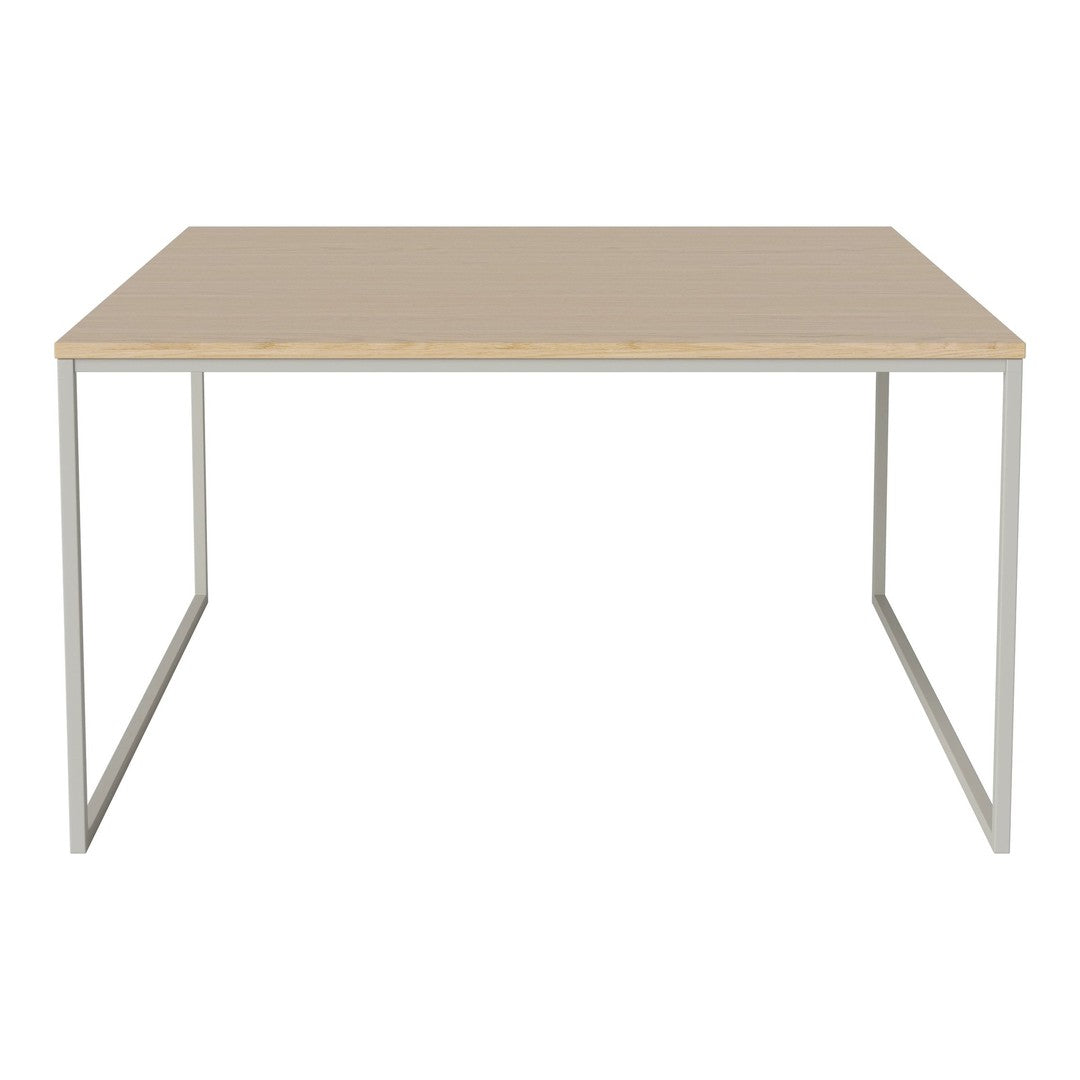 Neutral beige tabletop with natural wood grain and sleek silver metal legs for a modern, minimalistic look.