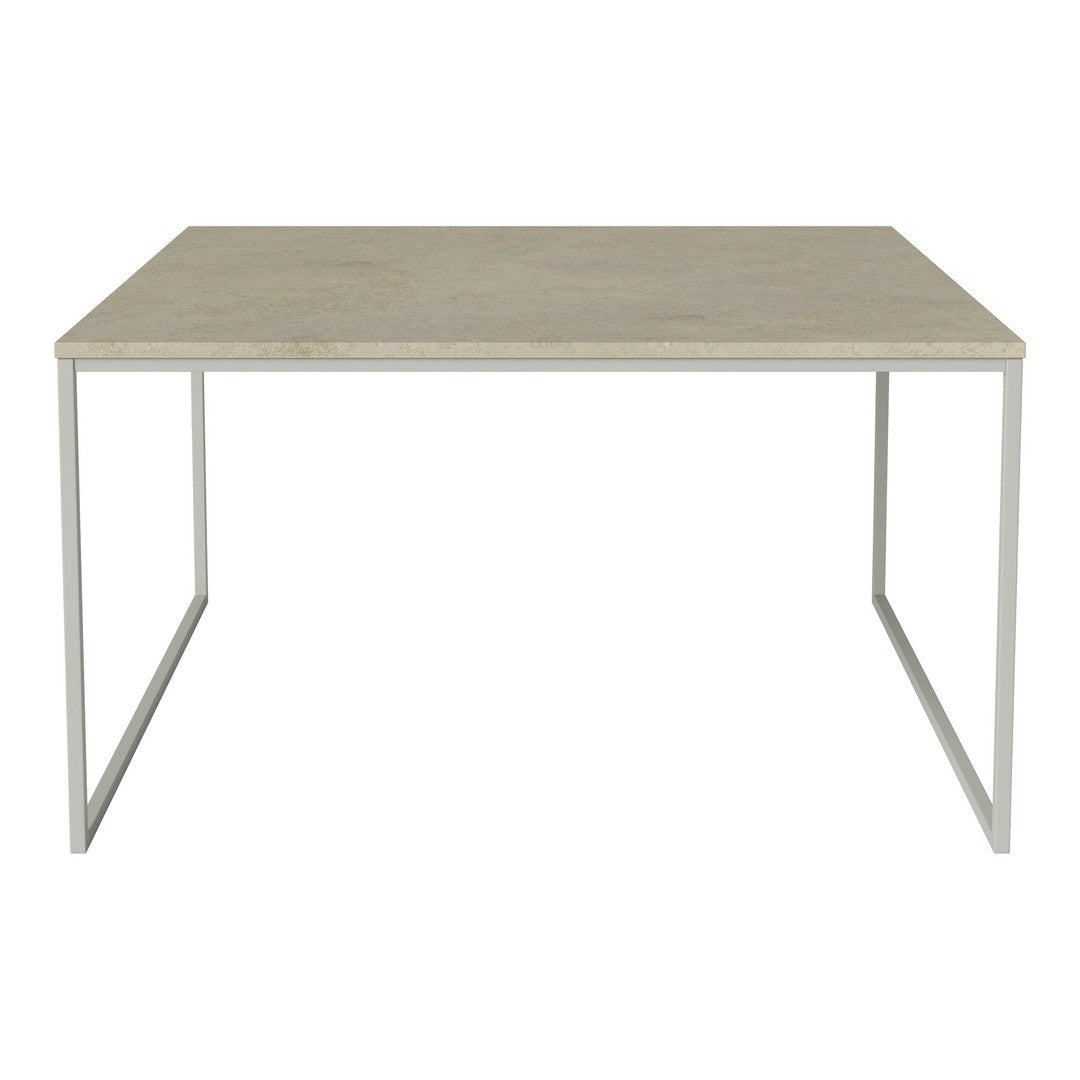 Light gray tabletop with subtle texture and sleek white metal legs, creating a modern, minimalist aesthetic.