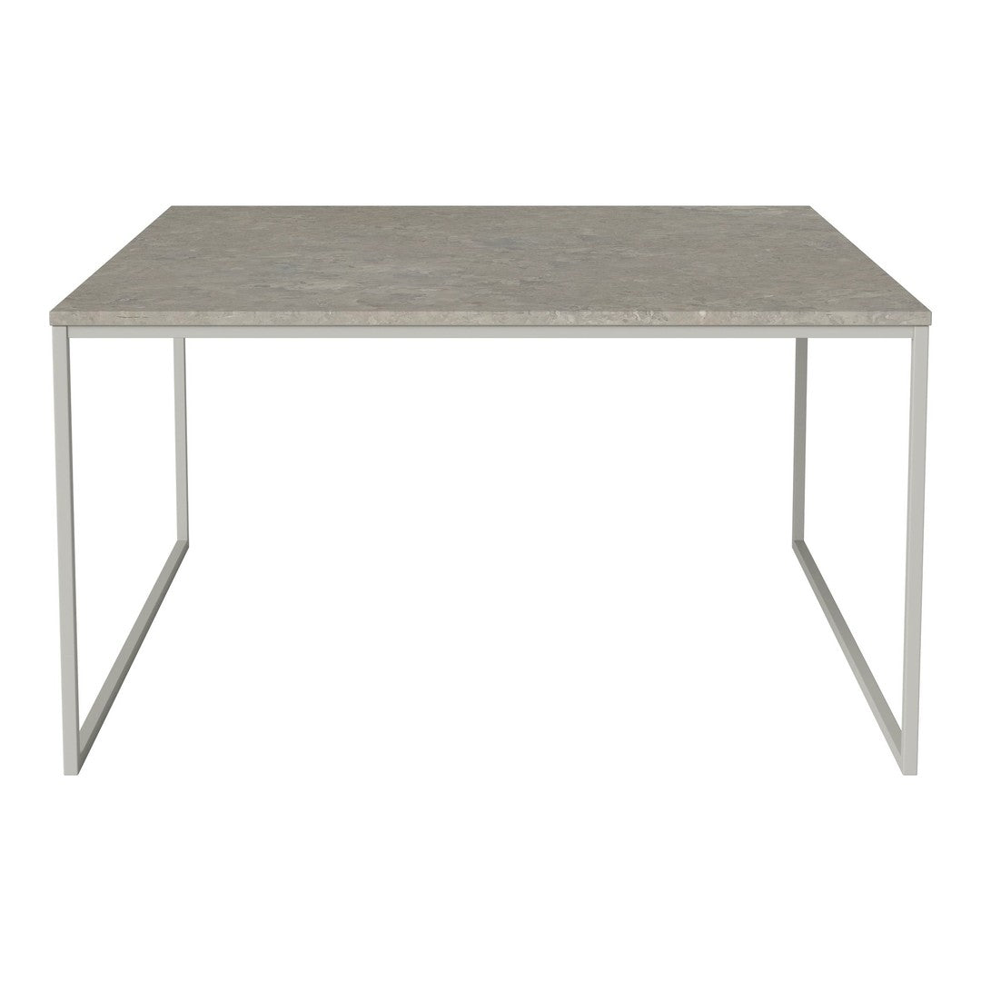 Gray marble tabletop with subtle veining and sleek silver metal legs. Modern minimalist design for versatile decor.