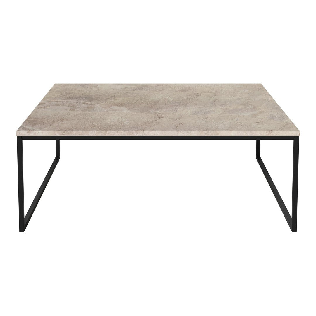 Modern rectangular coffee table featuring a textured gray surface and sleek black metal legs.